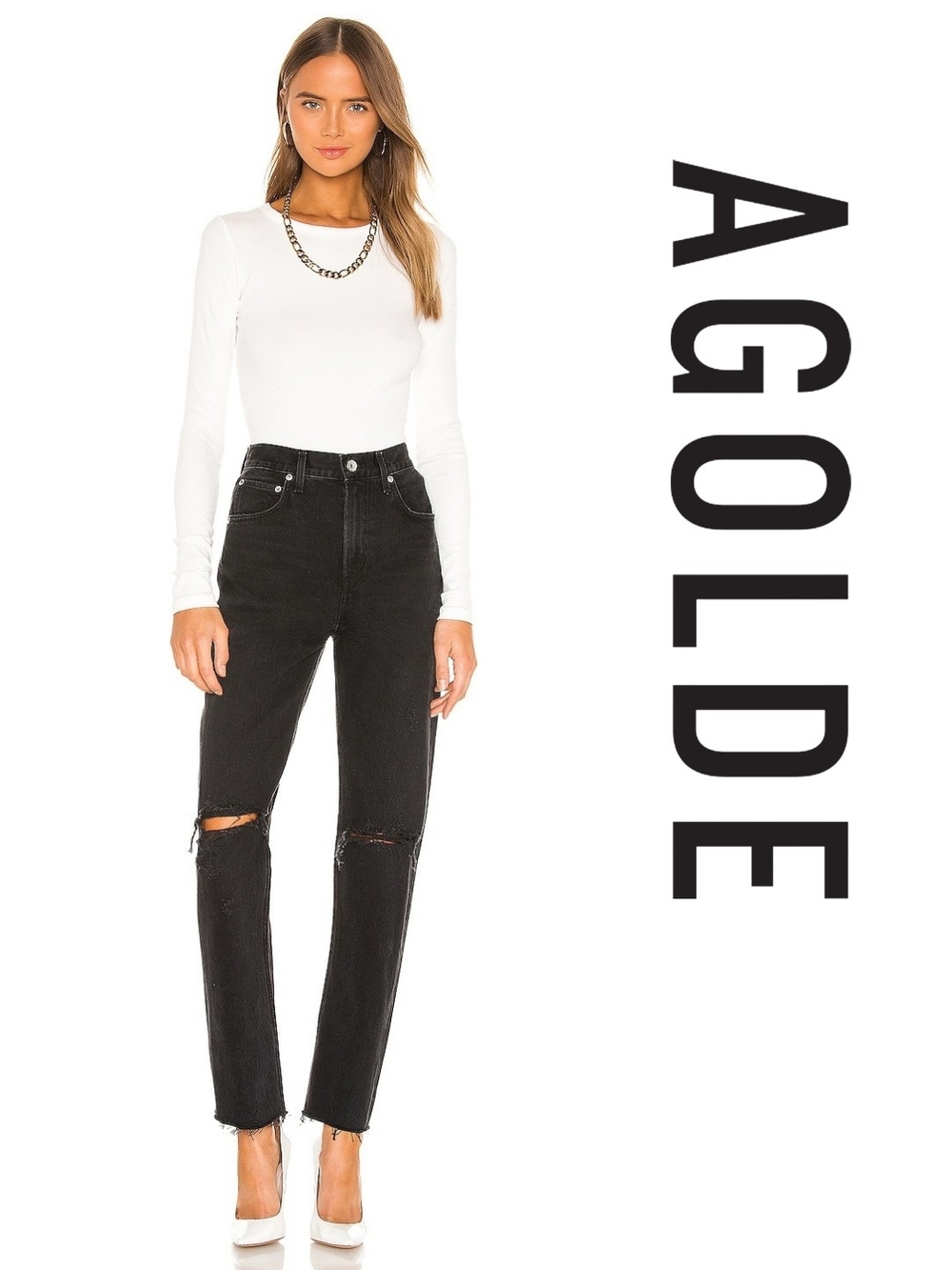 AGOLDE High-Rise Black Distressed Straight-Leg Jeans - Size 25 - Picture 3 of 4